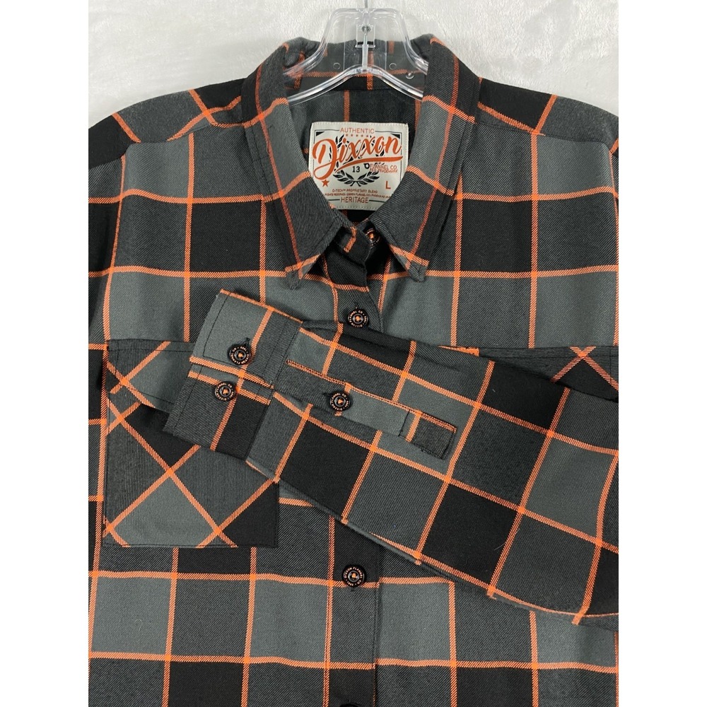 Dixxon Flannel Shirt Sz L Gray Orange Plaid Heritage Long Sleeve Flap Pockets